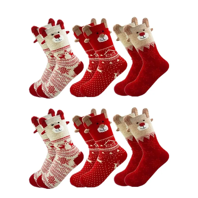 6 pairs of women's Christmas socks with double reindeer pattern, festive Christmas tree and reindeer design, women's Christmas
