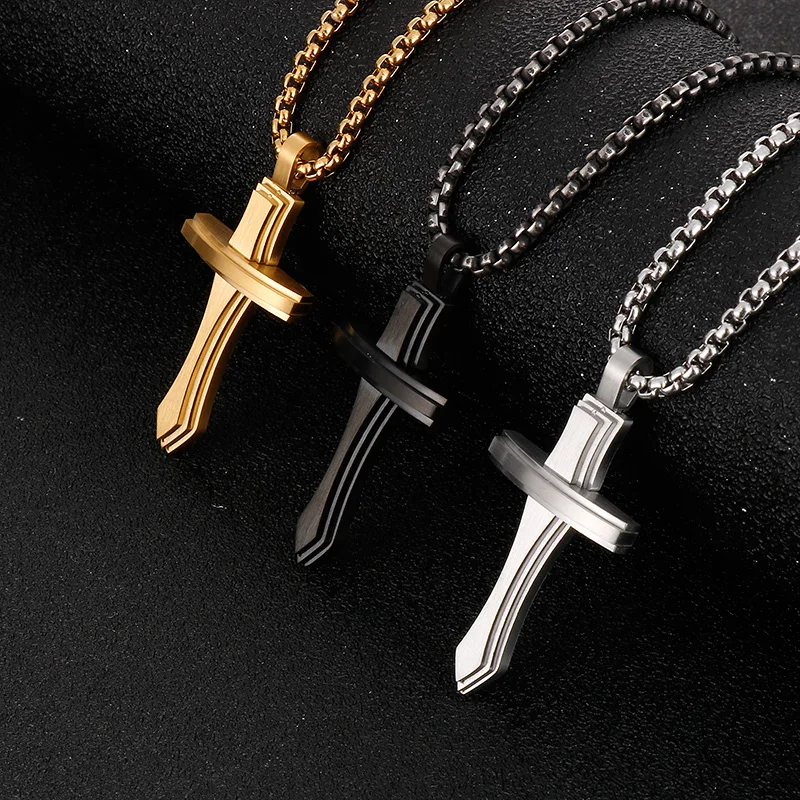 Choose Color Creative Sword Cross Pendant Stainless Steel Necklace Rolo Chain For Mens Women Holiday Gifts 24 Inch