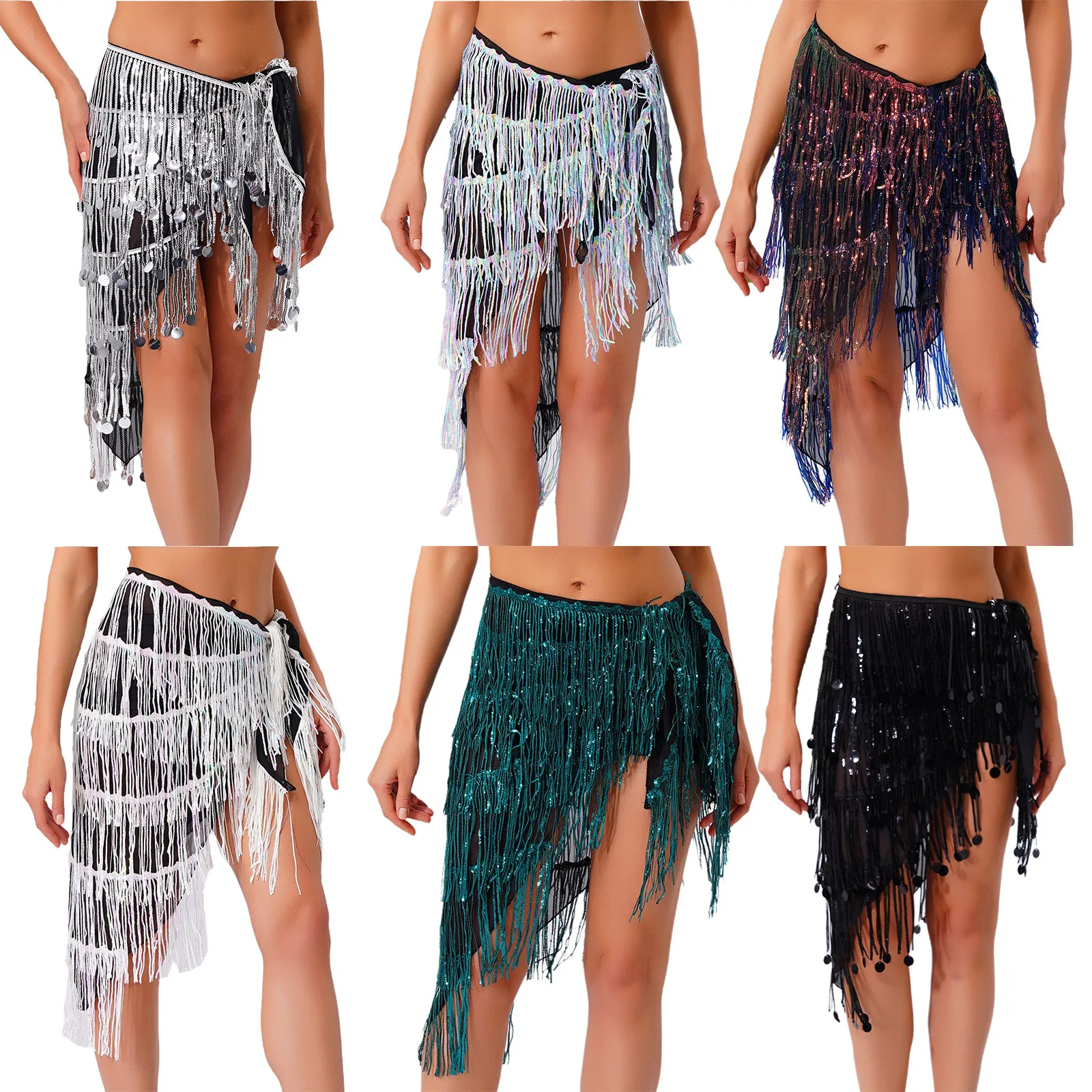 Mulheres barriga dança latina saia hip cachecol brilhante lantejoulas borla franja triângulo cintura corrente rendas saia quadril para desempenho de dança