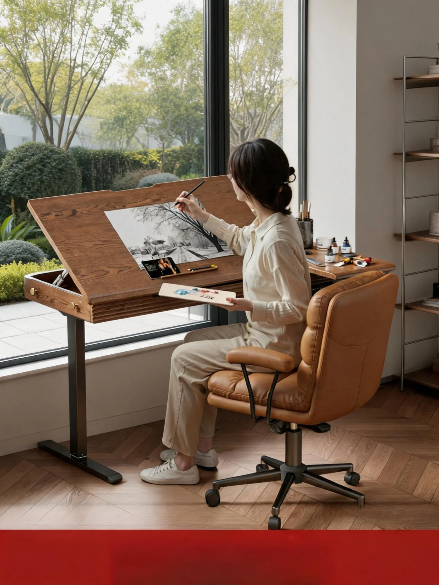 Electric Height‑Adjustable Solid Wood Desk Tiltable Tabletop for Drawing Calligraphy Home Work Study Computer Use