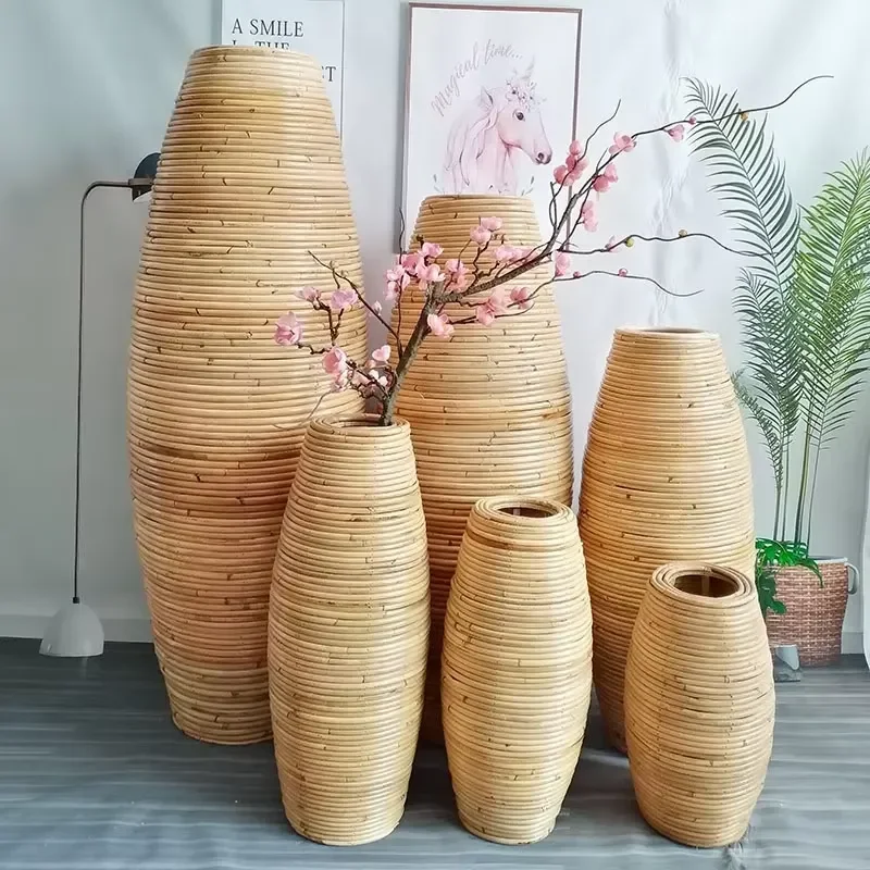 Wholesale modern decorative wood rattan woven handmade storage baskets for tabletop vases and wedding occasions