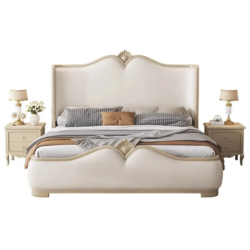 Modern Solid Wood French Bed with Crown Headboard Light Luxury Double Master Bedroom Furniture European Style Wedding
