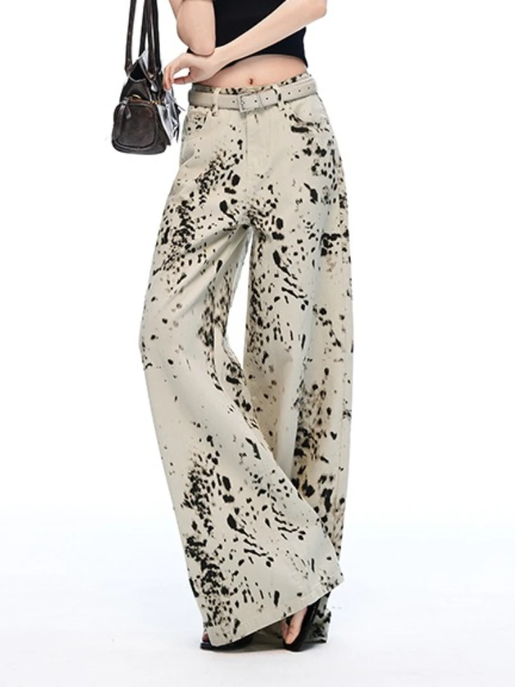 Leopard Print Straight Wide Leg Jeans Women High Waisted Retro Jeans Streetwear Y2k Vintage Pants High Street Denim Trousers