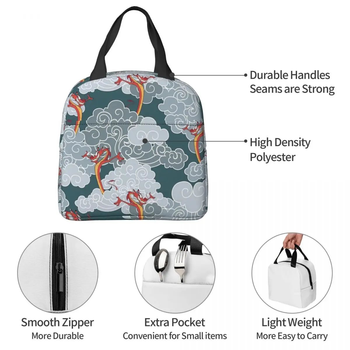 Mulan Oriental Mushu Galaxy Insulated Lunch Bag Cooler Bag Meal Container Leakproof Tote Lunch Box for Men Women College Picnic