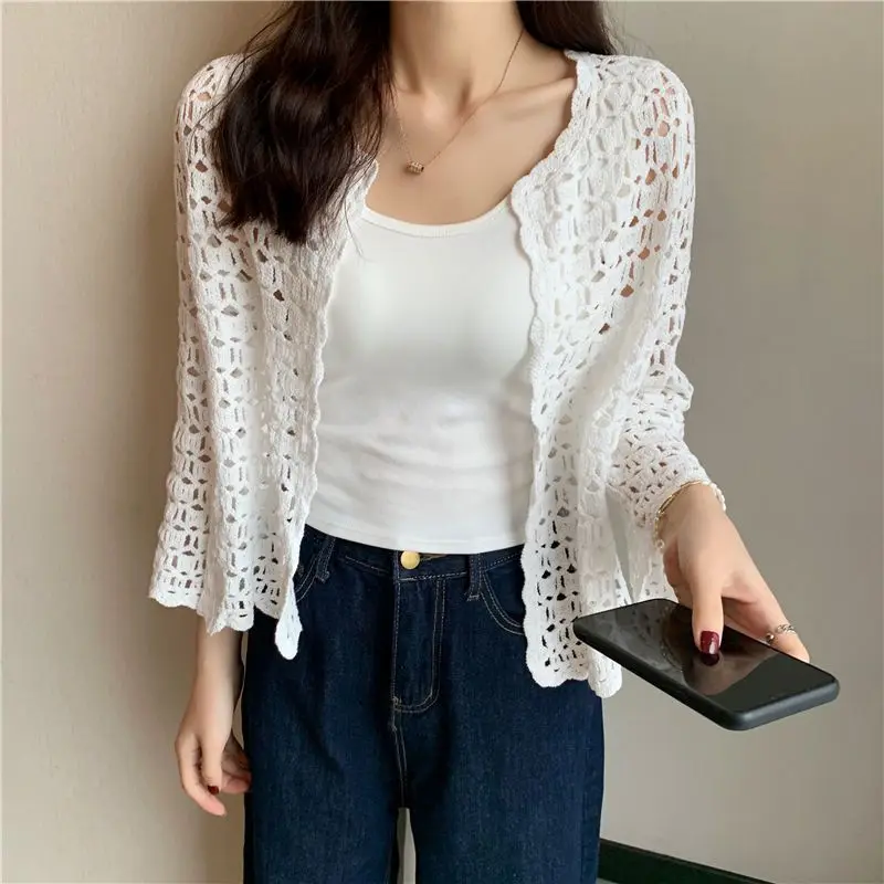 2024 New Simple Short Shawl Hollow Cardigan Literary Three-Quarter Sleeves Female Sun Protection Sweater