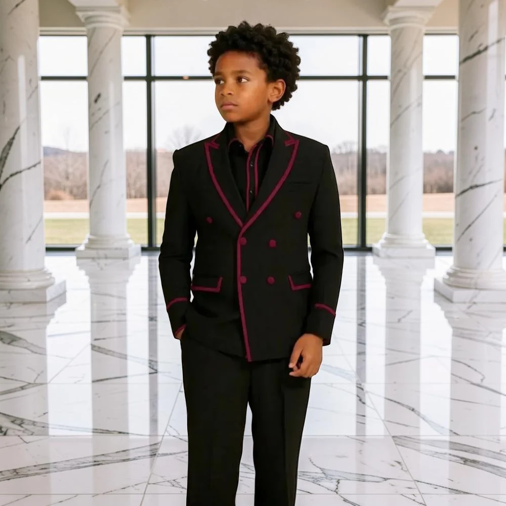 Luxury Piping Detail Double Breasted Boys Wedding Suit 2 Pieces Kids Tuxedo Separates Set Child Outfit for Birthday Party