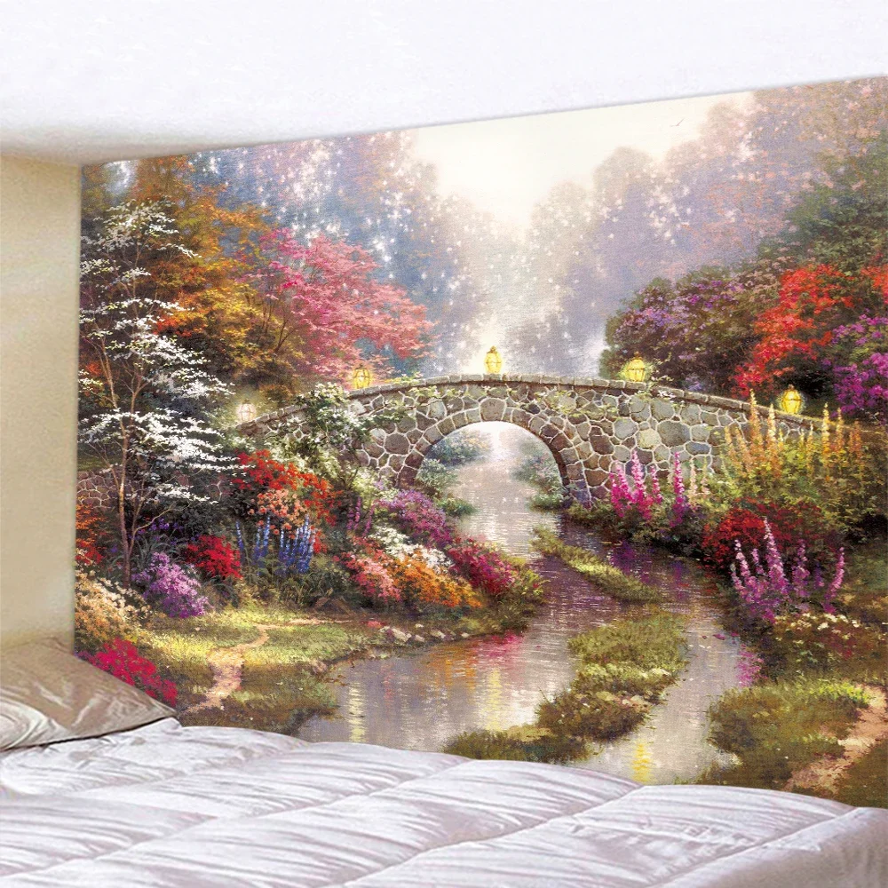 Forest fairy tale cottage oil painting home decoration tapestry hippie bohemian decoration psychedelic scene wall hanging