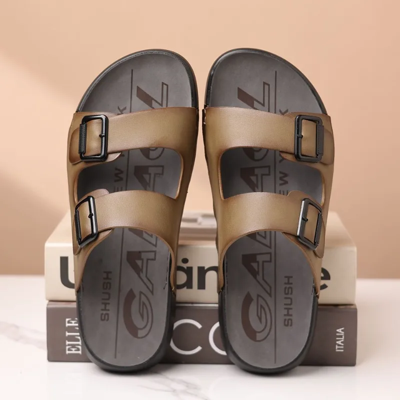 Slippers for Men 2025New Summer Casual Beach Shoes High Quality Cowhide Leather Slippers for Men Comfort Non Slip Flat Slippers