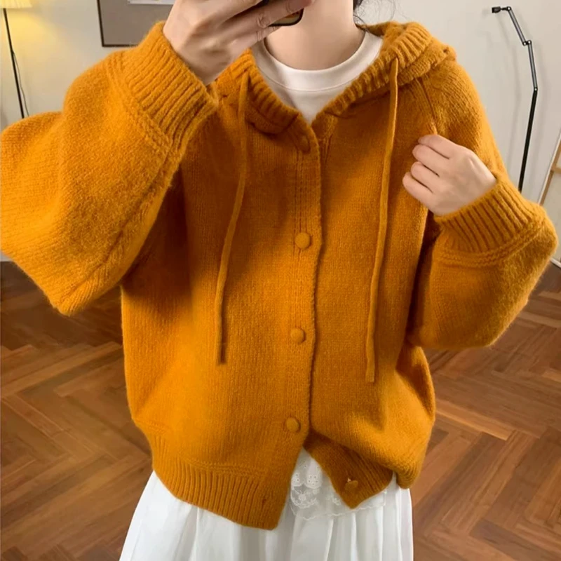 

Женская куртка-свитер с капюшоном в корейском стиле в стиле ретро, осень-зима, свободный кардиган с непринужденной спинкой, высококачественный вид, толстый вязаный кардиган.