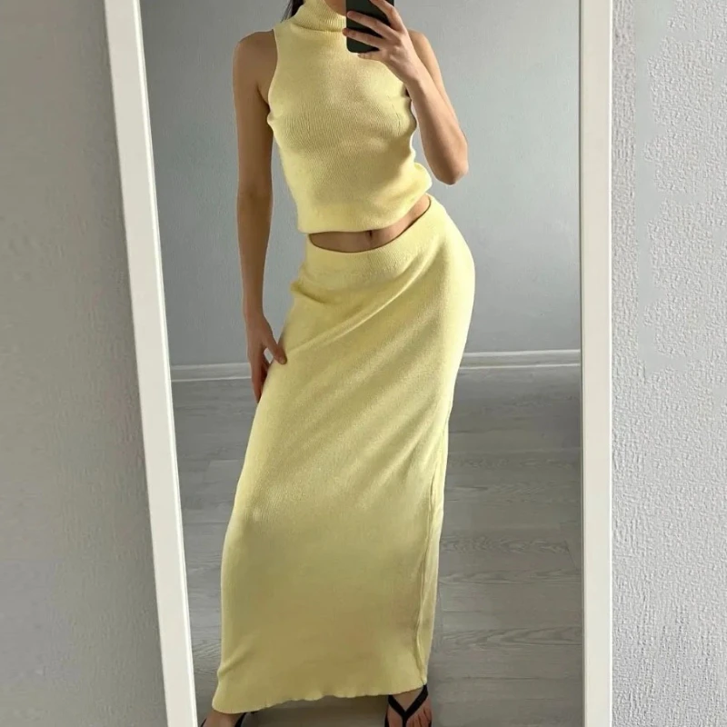 

Fashion Elegant Knitted Sleeveless Top Long Skirt Women's Suit