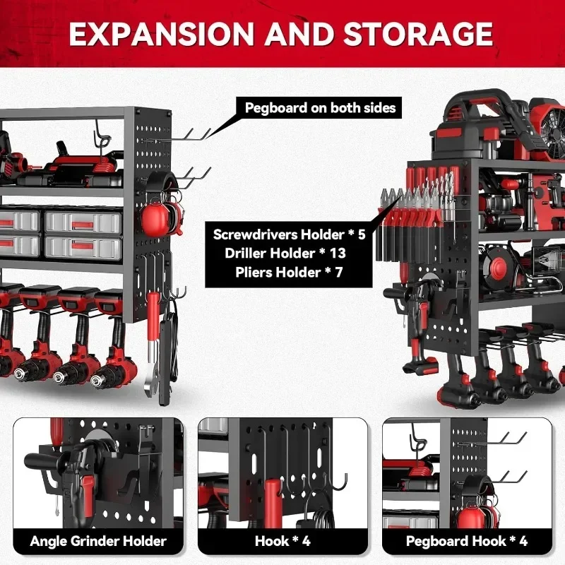 Home.Power Tool Organizer Wall Mount, Heavy Duty 4-Tier Garage Storage Rack with Hooks and Cordless Drill Holder, Utility Racks