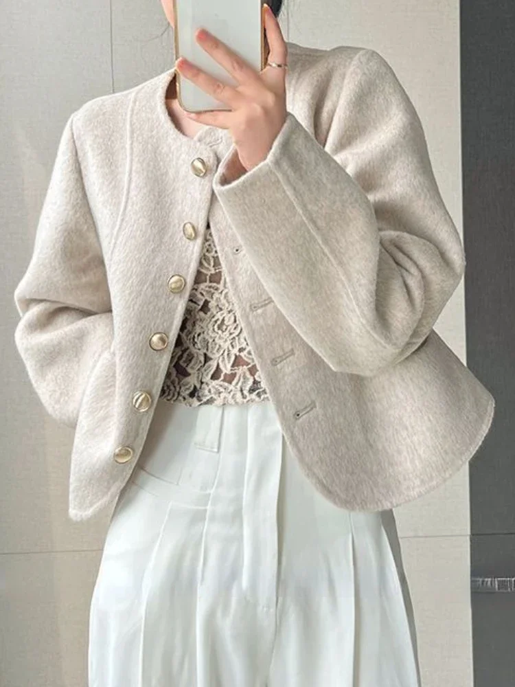 

Осень 2024, новые женские пальто, корейская мода, однобортное шерстяное пальто с круглым вырезом, темпераментные элегантные розовые куртки для женщин