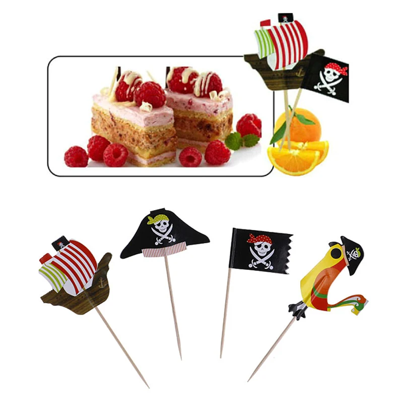 20pcs Cake Toppers Pirate Theme Fruit Picks Insert Card Halloween Party Decor