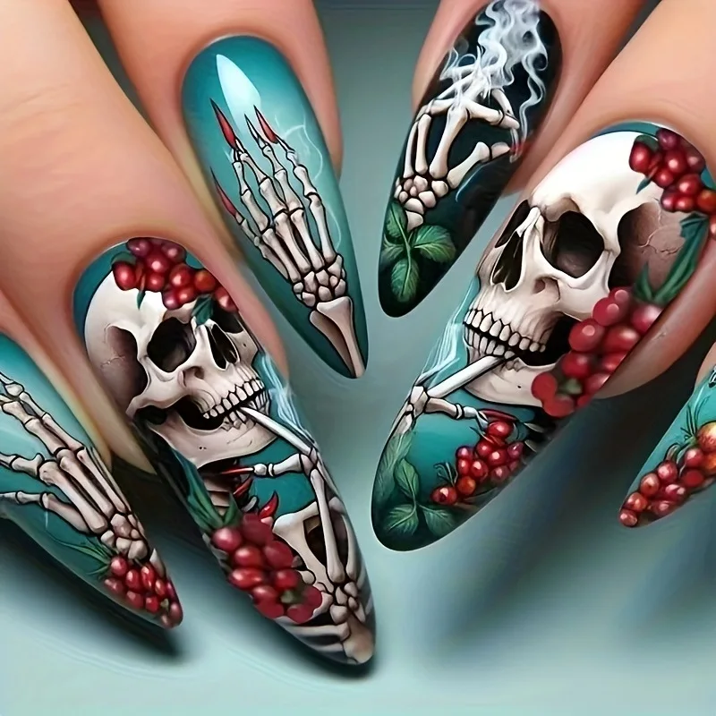

24pcs/1box Fake Nails Almond Halloween Style Spooky Blue Stygian Bones Skulls Pressable Nails Suitable for girls and girls