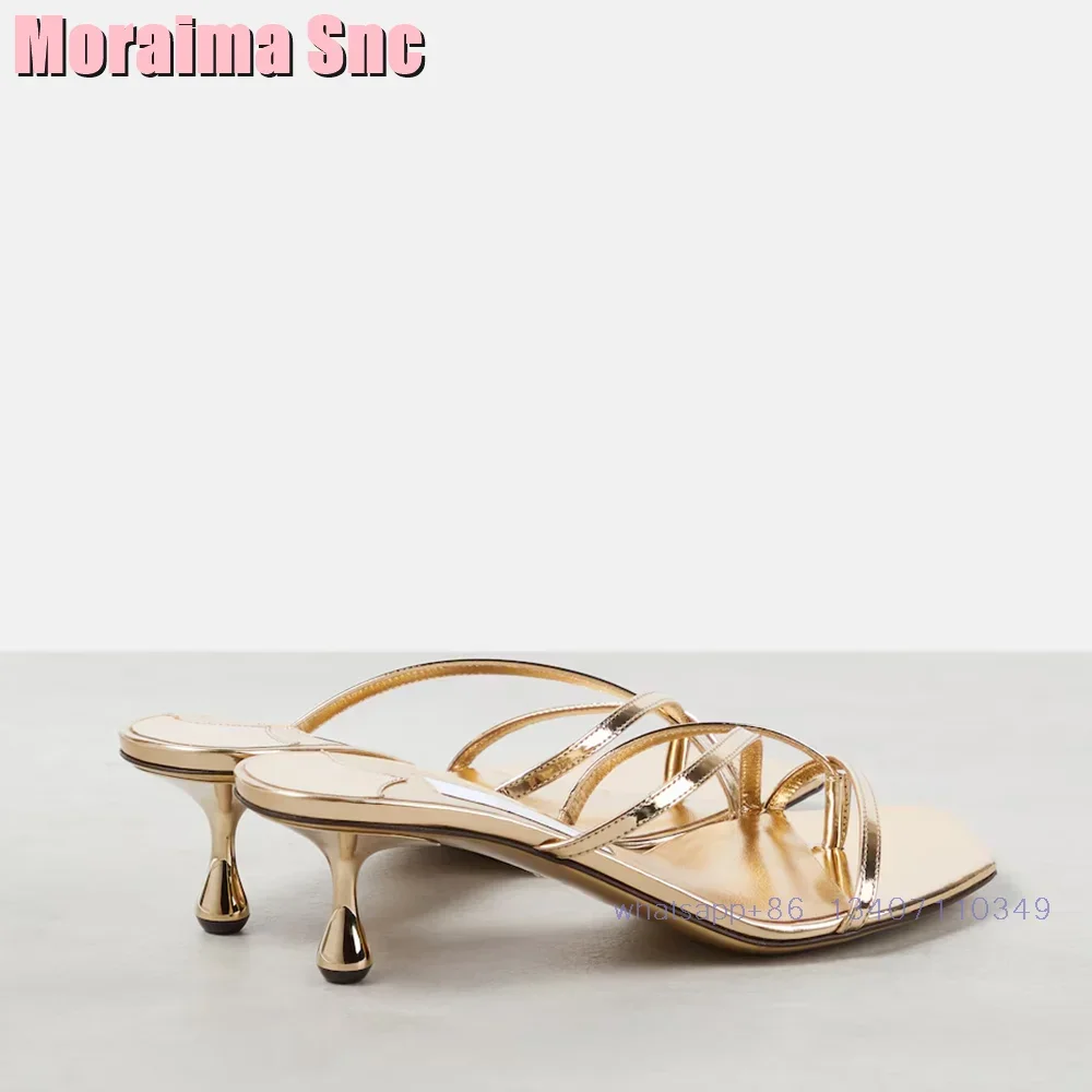 Square Toe Metallic Leather Mules Clip Toe Unique Waterdrop Heeled Golden Solid Sexy Women\'s Slippers Casual Outdoor 2024 Newest