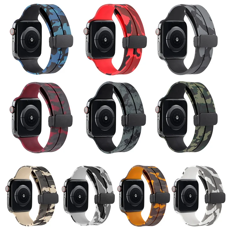 Camouflage Silicone Strap For Apple Watch Ultra2 Band 49mm Magnetic Sport Bracelet Series 10 9 8 7 46mm 44mm 45mm 41mm 40mm 42mm