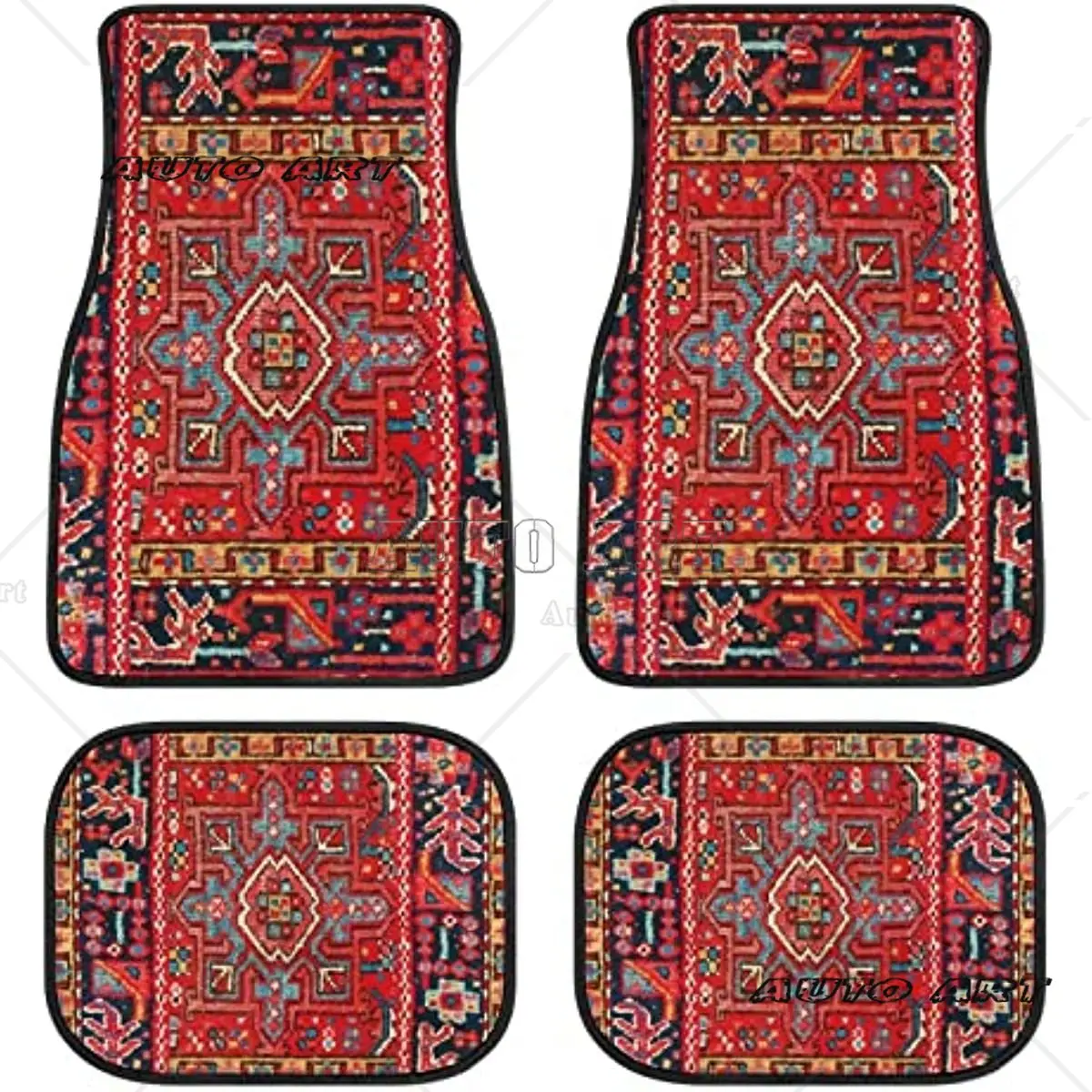 Antique Oriental Turkish Persian Carpet Car Floor Mats 4-Piece for Front Rear Seats Durable Floor Carpet Heavy Duty Rubber Back