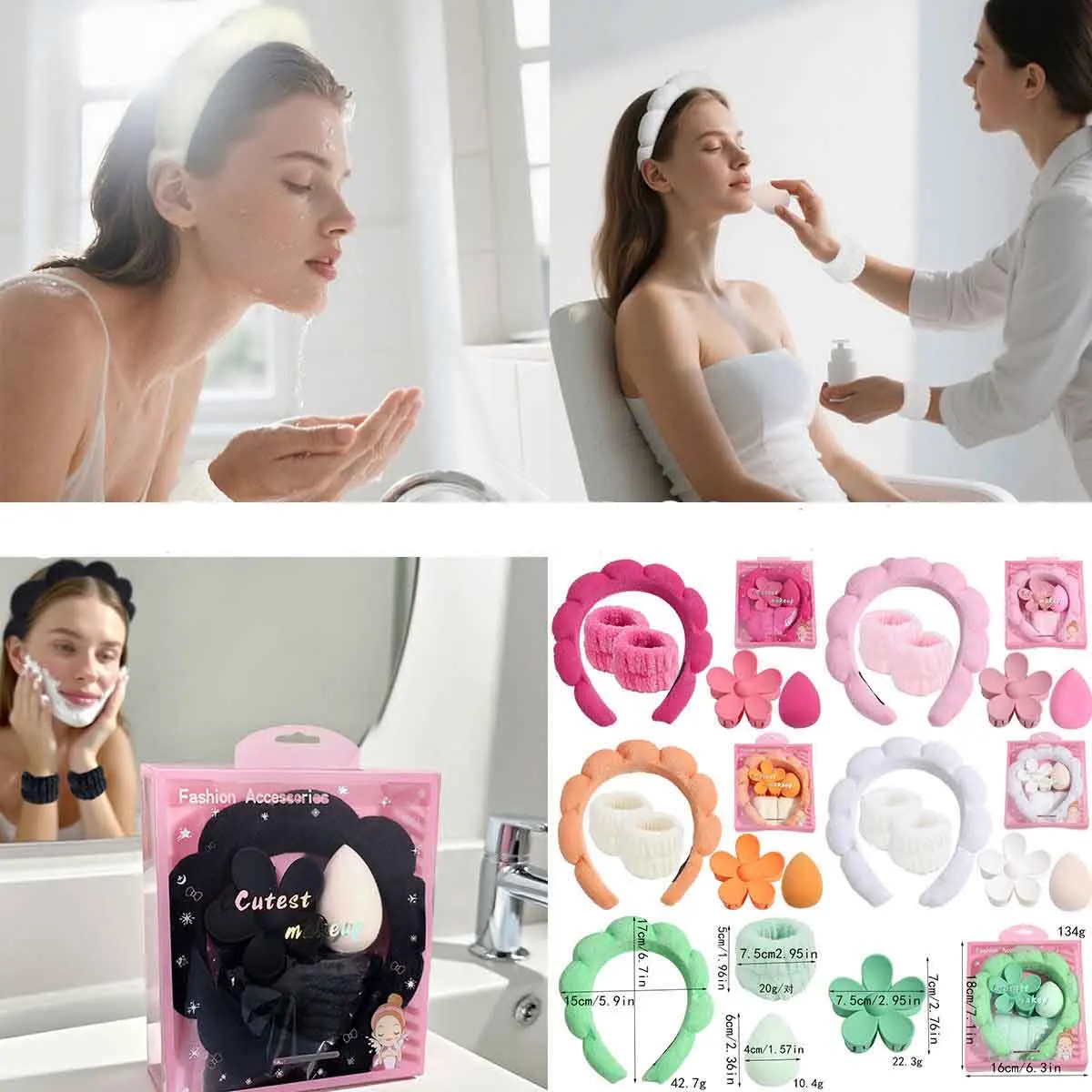 Women Spa Makeup Headband Set Cloud Fluffy Hair Band Wristbands Beauty Blender Flower Hair Claw Clips Bath Hair Accessories