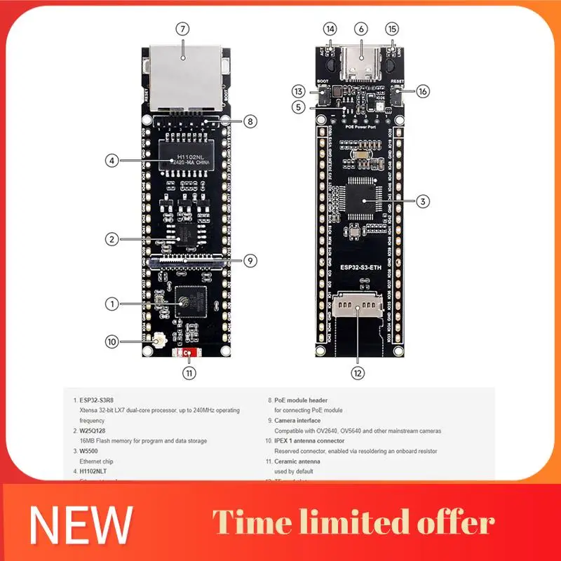 

Плата разработки ETH A42T-ESP32-S3, порт Ethernet RJ45 10/100 Мбит/с, поддержка Wi-Fi и Bluetooth, двухъядерный процессор 240 МГц