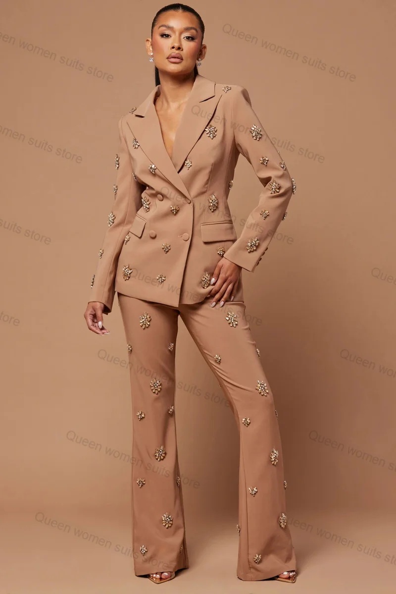 

Khaki Crystals Women Suit Pants Set 2 Piece Blazer+Trousers Red Catwalk Formal Office Lady Prom Dress Jacket Coat Custom Made