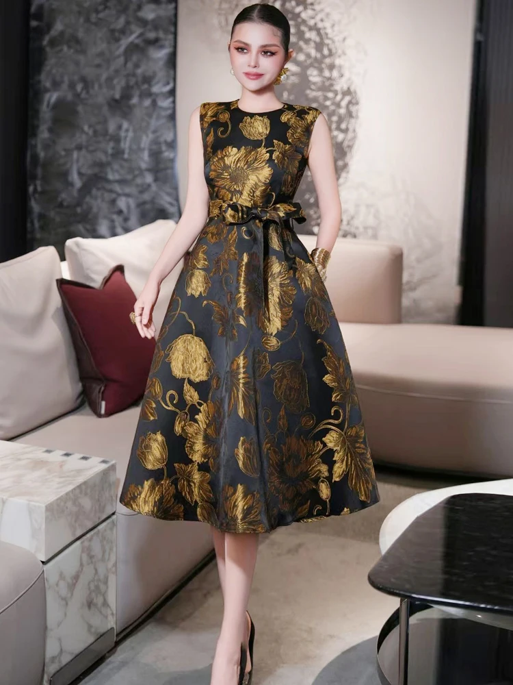 فساتين فرنسية أنيقة الراقية خمر جولة الرقبة أكمام الدانتيل متابعة القوس الذهب الجاكار عالية الخصر ضئيلة ألف خط فستان طويل النساء #3