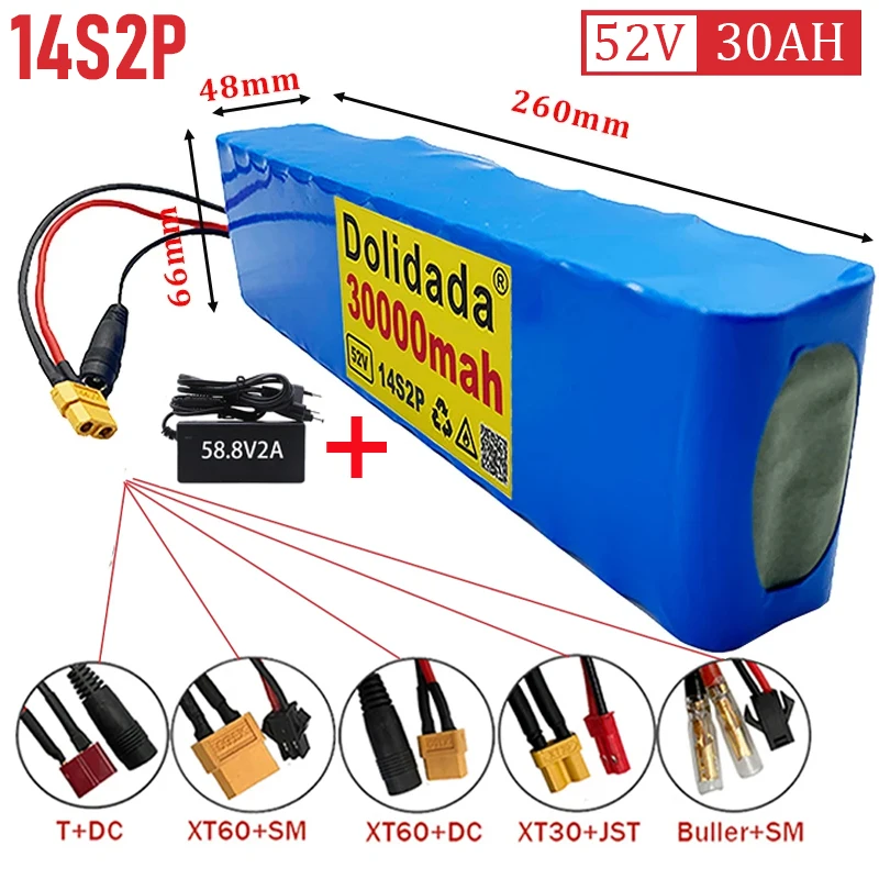 14S2P 52V Rechargeable Li-ion Battery Pack 18650 30AH High Capacity for 800W Electric Bike Scooter Balance Car Toy Built-in BMS