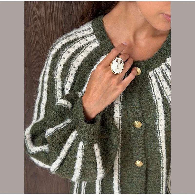 Damen-Strickwaren, gestreift, mit einzelnen Knopfleisten, gestrickte Strickjacke, Herbst, Damen, Rundhalsausschnitt, lange Ärmel, lockere Strickjacken, neue Streetwear – Detail 14