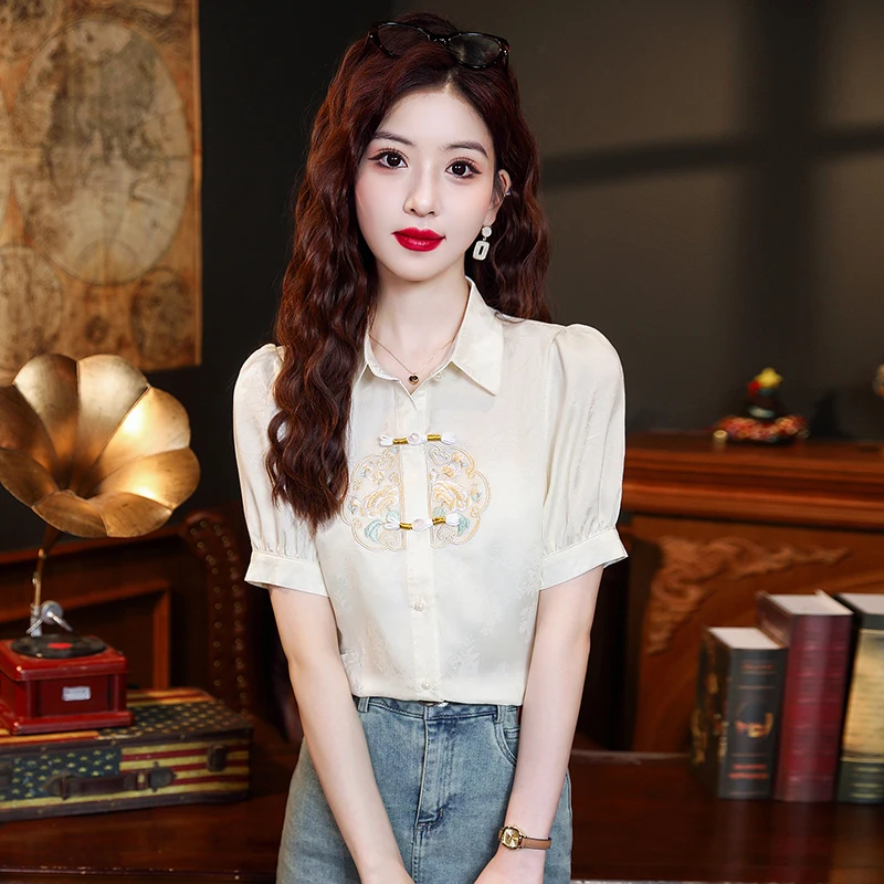 Short Sleeve Turn Down Collar Women Shirt Embroidery Chiffon Shirt Blouse Women Tops Blusas Mujer De Moda 2024 Verano Blusa H758