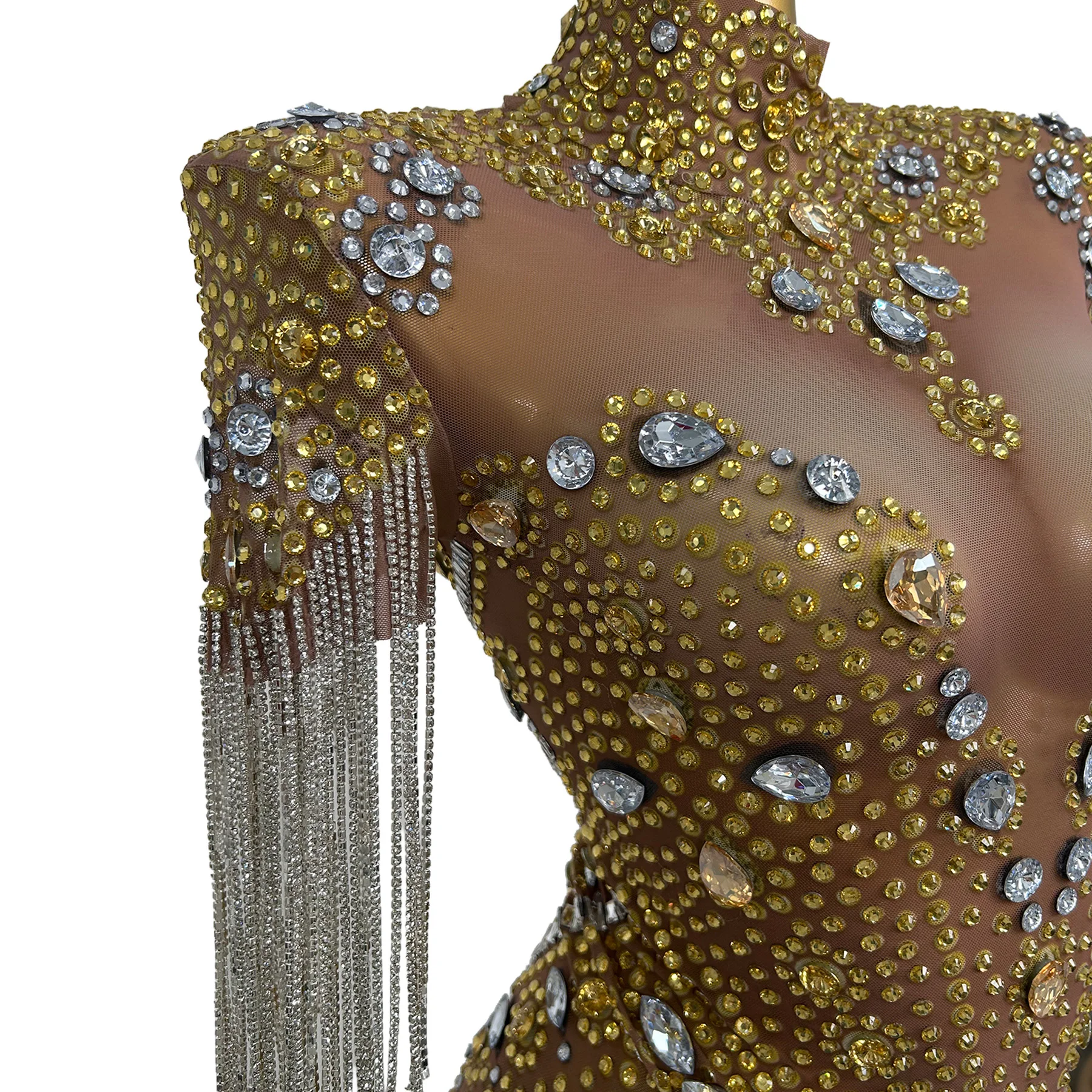 Qixi Gold Rhinestone Fringe Short Dress High Neck Sheer Mesh Bodycon Dress Women Stage Performance Party Dance Costume