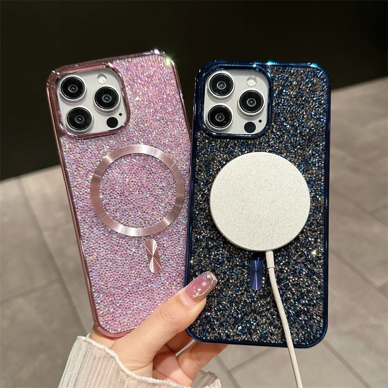 Luxuriöse, glitzernde, einfarbige Diamant-Magnet-Handyhülle für iPhone 16, 15, 14, 13, 12, 17, Pro Max, stoßfeste Schutzhülle