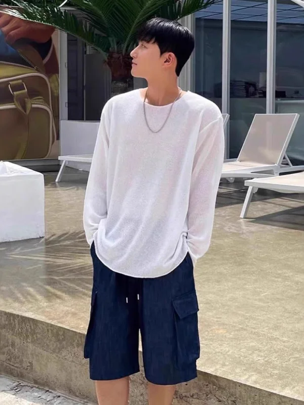 

Мужская свободная трикотажная футболка Long Sve из ледяного шелка и льна Me с вырезами U-Ne, дышащая повседневная удобная летняя футболка