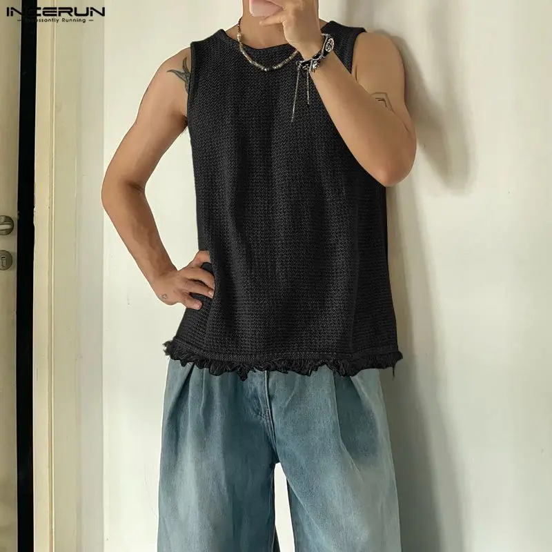 INCERUN Men Tank Tops Solid Color Tassel Backless Hollow Out Male Vests Summer Sleeveless 2026 Fashion Men Clothes Tops For Man