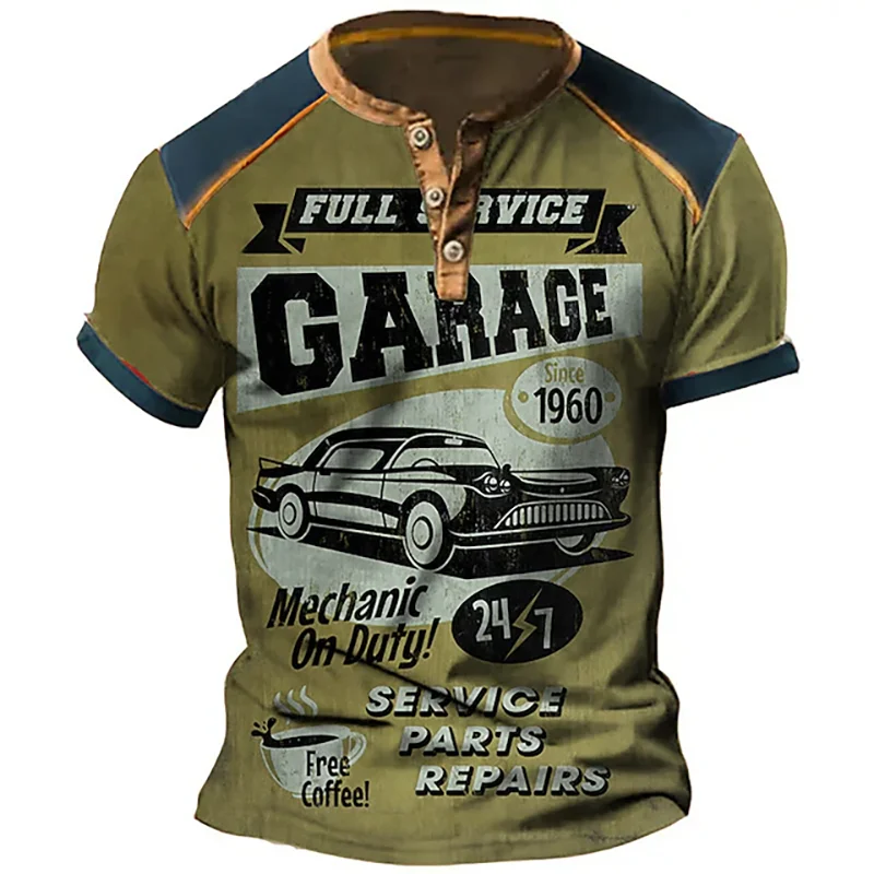 Car Graphic 3D Print Vintage Henley Shirts Men\'s Fashion Oversized Button-Down Short Sleeve T Shirt Man Male Tees Tops Clothing