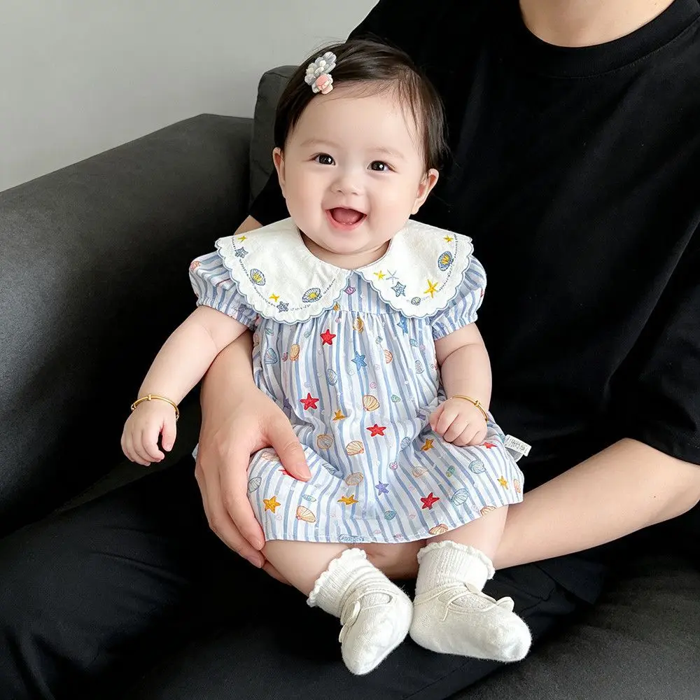 

2026 Summer 0-3Y Baby Girl Ocean Print Bodysuit Dress Cute Peter Pan Collar Striped Infant One Pieces Baby Clothes