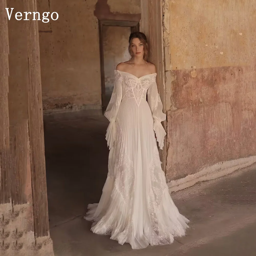 

Свадебное платье Verngo в стиле бохо с кружевом, открытыми плечами, А-силуэт, современное плиссированное макси-платье для невесты, на заказ
