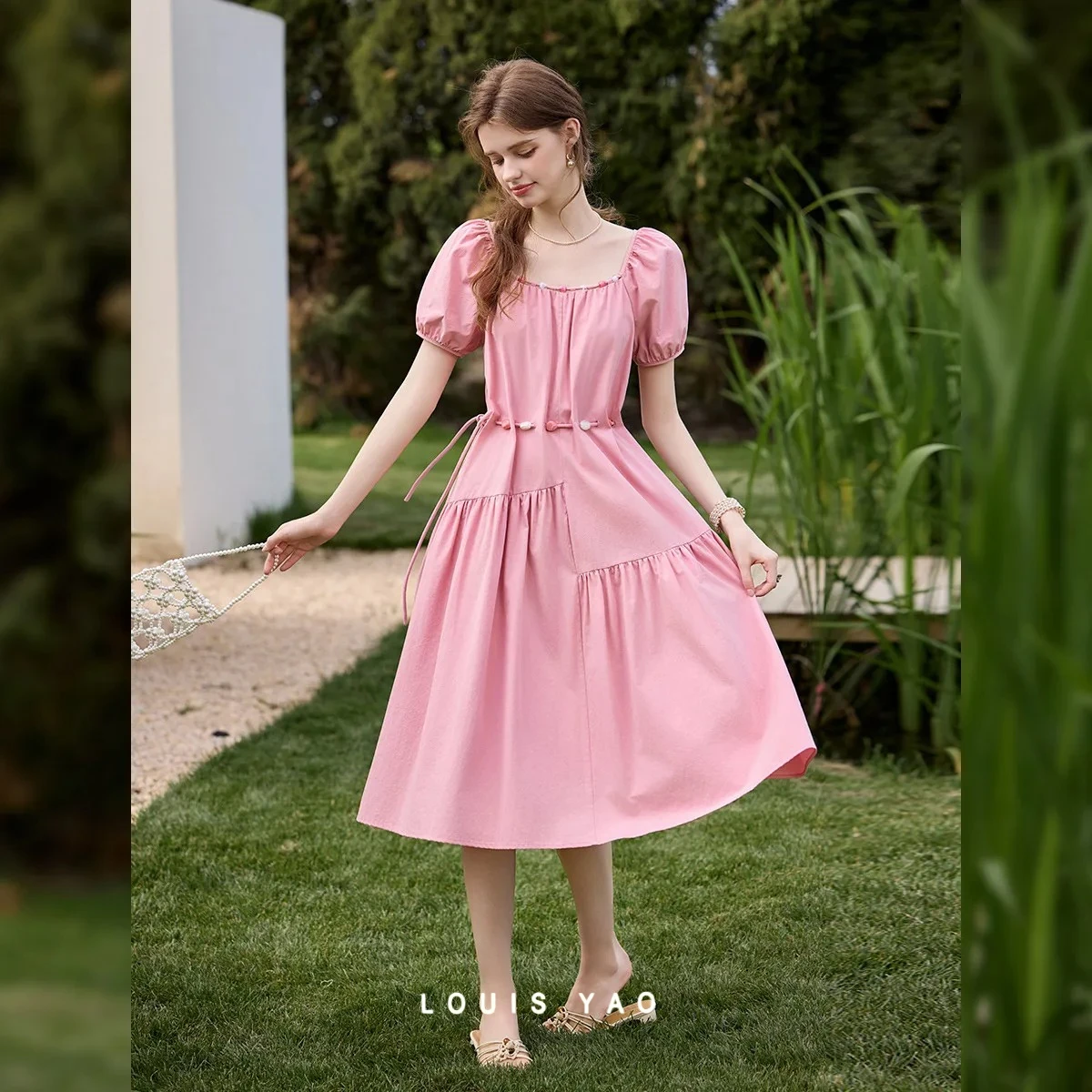 LOUIS YAO Women's Dresses 2026 Summer  Square Neck Puff Sleeve Drawstring Sweet Casual French Vintage Women's Long Dress