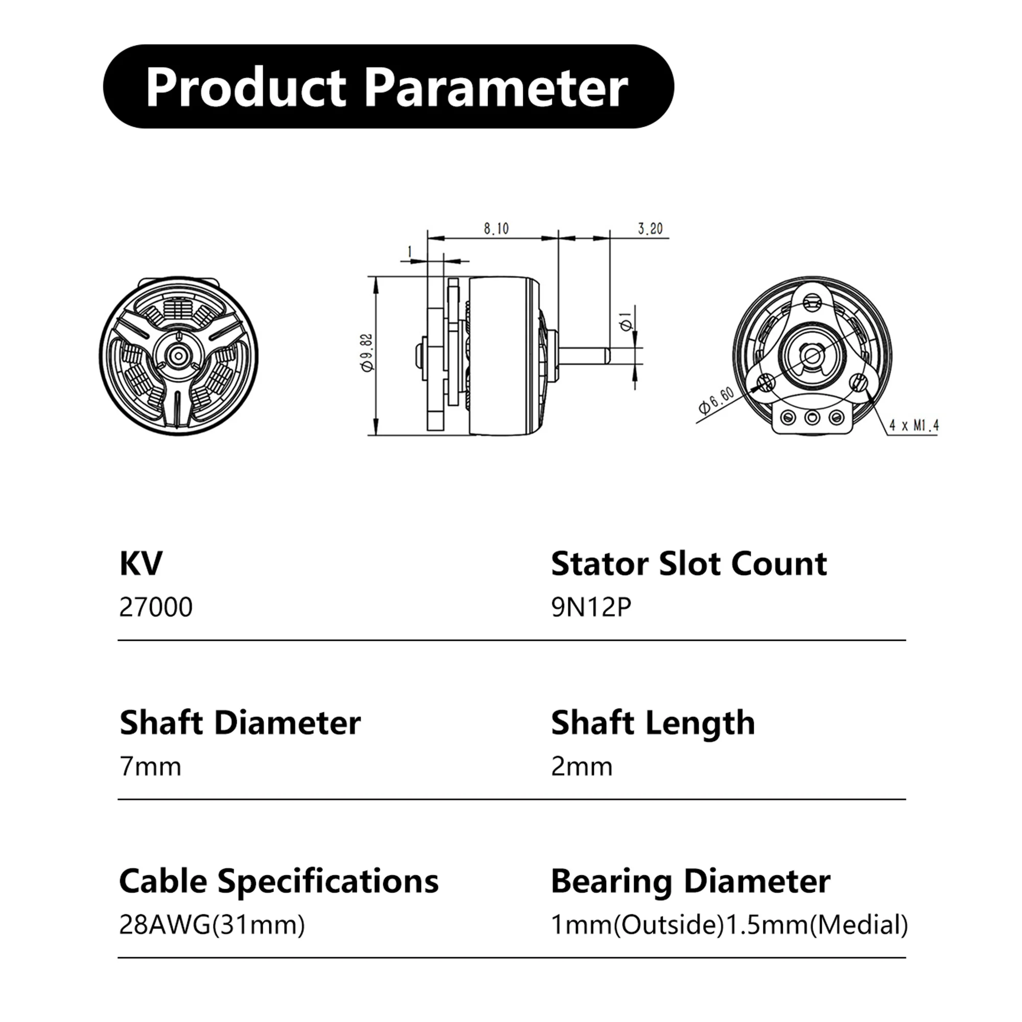 SUB250 0702 27000kv Motor Compatible with 1.2 " / 1.4" / 1.6" Drone