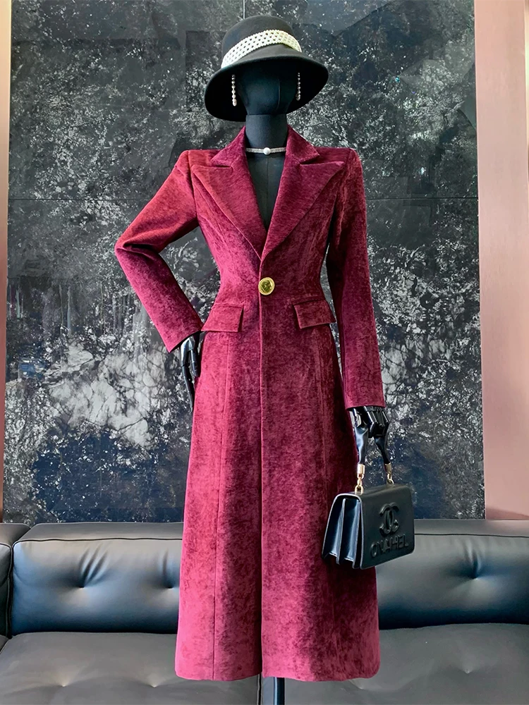 

Пальто Pinno 2025: Новое корейское женское длинное пальто-накидка винного цвета выше колена для весны и осени, стройнящее фигуру