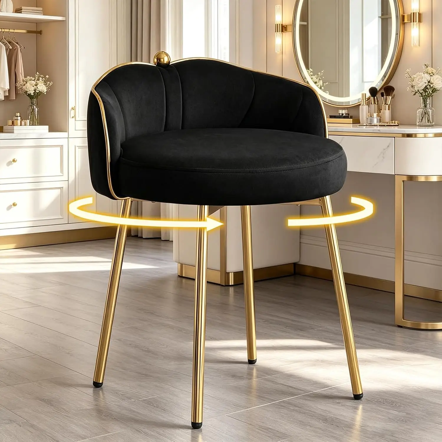 Velvet Vanity Stool with Gold Base, Armless Swivel Makeup Chair Black