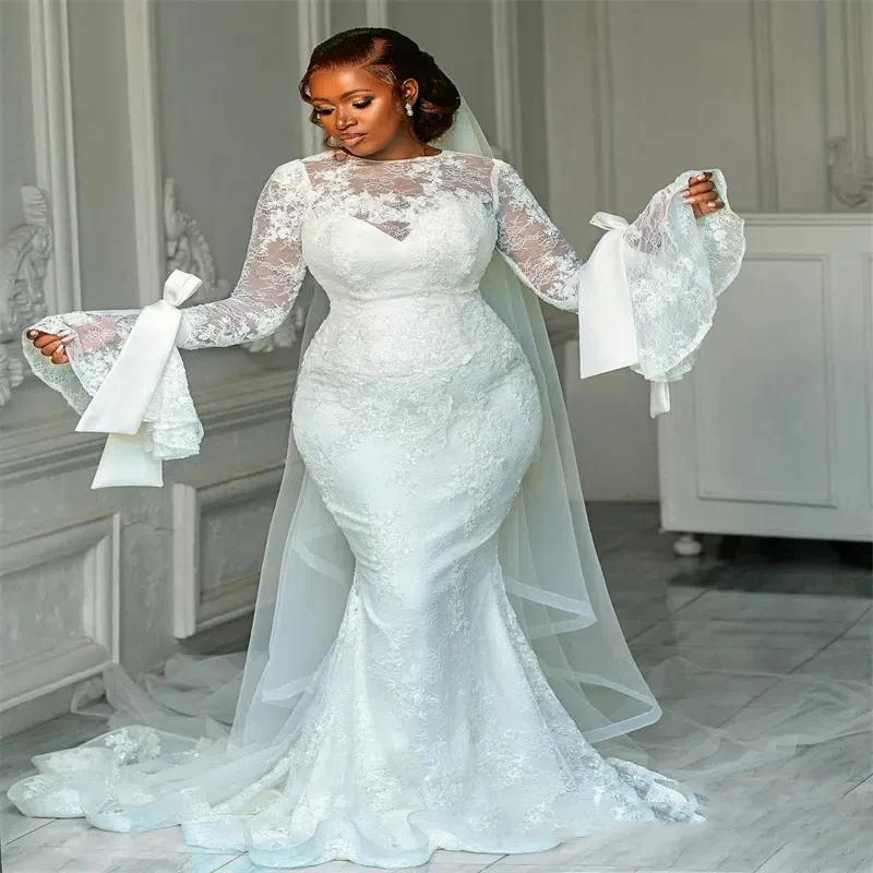 Customized Fashion Mermaid White Wedding Dress Crew Neck Long Sleeves Africa Nigeria Plus Size Classic Romantic Bridal Dress