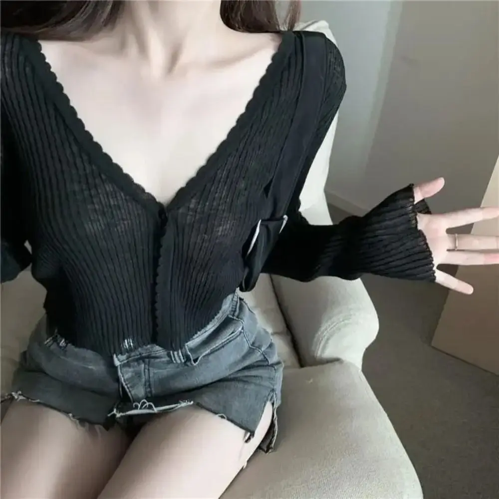 

Fashion Slim Fit Knitted Shirt Short Length Lightweight Long Sleeve Shirt Button Summer Shirt Sun Protection