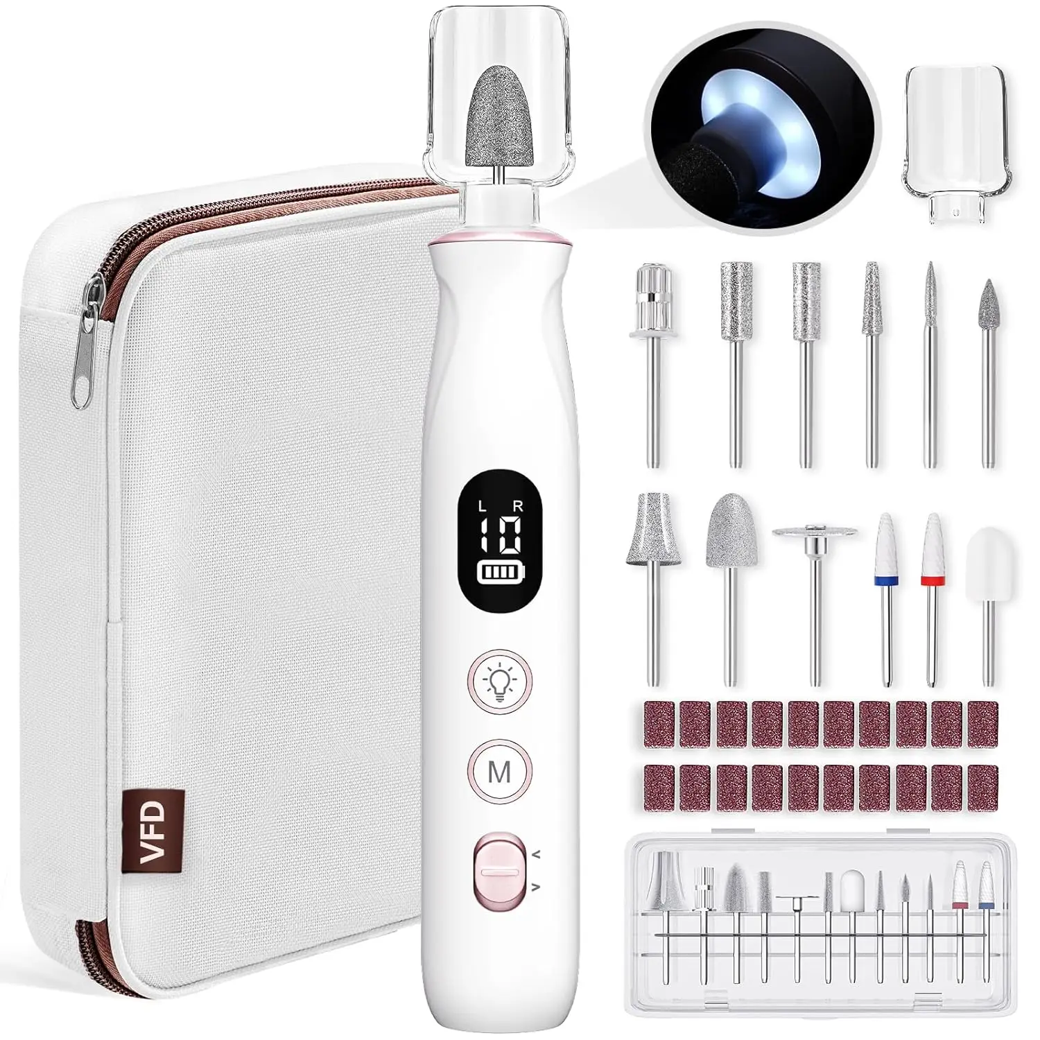 

Cordless Electric Nail Drill, 2000mAh Rechargeable, 10 Speeds, 12-in-1 Kit for Thick Toenails, Professional Manicure Pedicure Tool, White