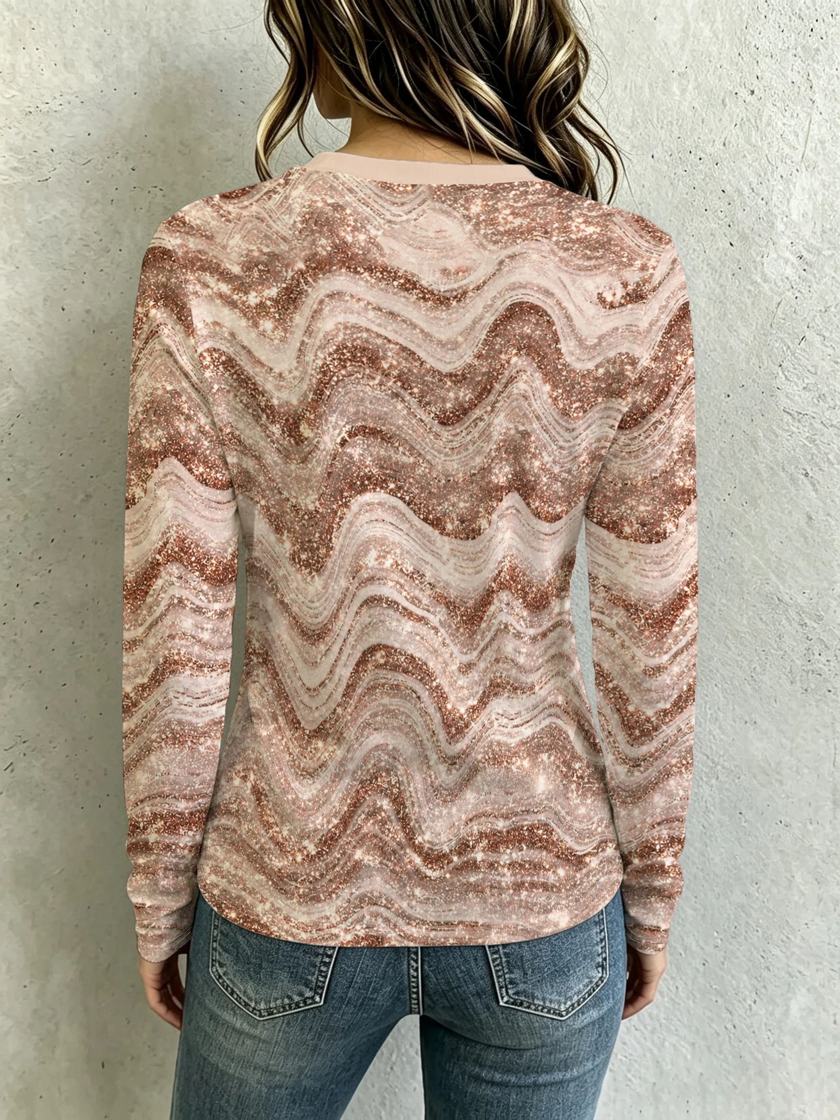 Women Long Sleeve Top 3D Print Glitter Wavy Texture Round Neck Autumn Daily Casual Tops Women's Clothes