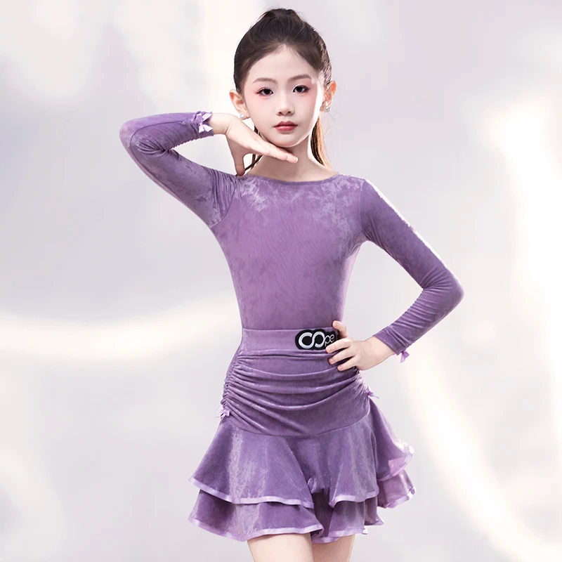 

2025 Purple Velvet Latin Dance Practice Suit For Girls Chacha Rumba Tango Dress Children Latin Dance Performance Costumes XH3628