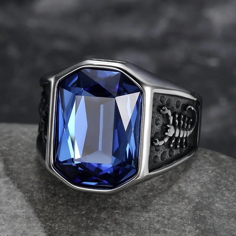 

Cool Big Blue Topaz Gemstones Stainless Steel Rings for Men Scorpion Pattern Carving Finger Bands Man Bague Masculine Jewelry
