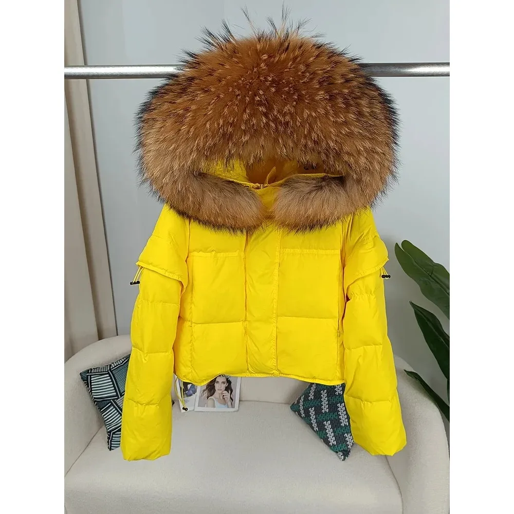 Autumn Winter Women Real Raccoon Fur Collar Hooded Detachable Sleeve Jacket Duck Down Loose Fashionable Streetwear Outerwear