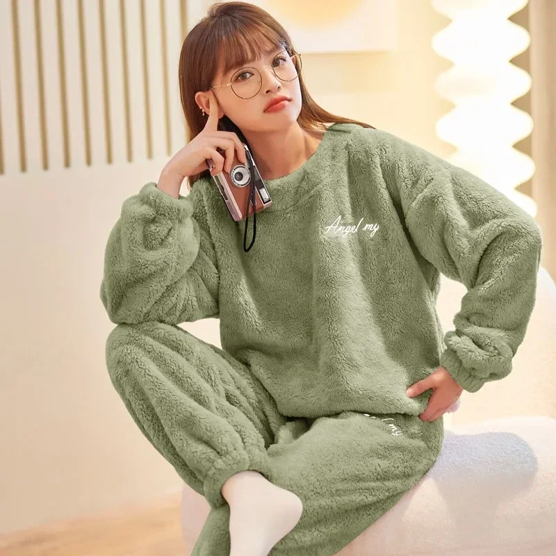 

New Winter Flannel Pajamas Women Homewear Korean Version Long Sleeved Thickened Warm Sleepwear Coral Velvet Loungewear Set