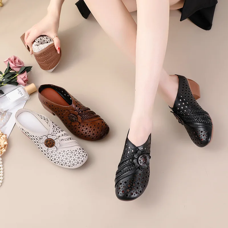 Xiuteng Summer Women Sandals Fashion Shoes 2022 Deep Toe Flowers Cow Genuine Leather Sandals Thick Heel Women Shoes pumps