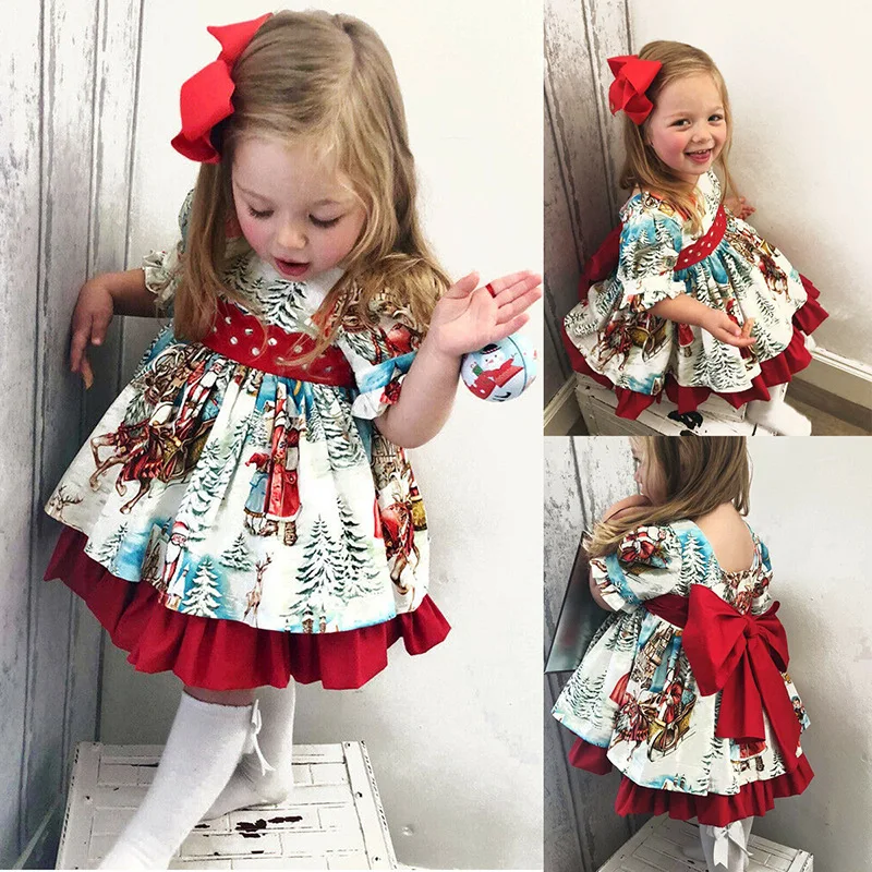 

New Christmas Baby Girls Santa Prints Lace-up Tutu Red Bow Princess Dress Kids Short Sleeve Dresses Party Birthday Dress Outfits