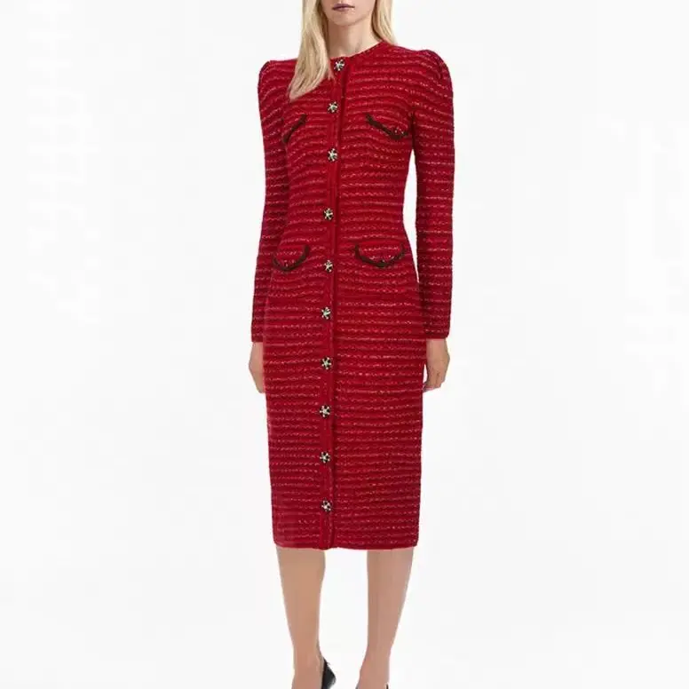 

Women's slim knitted long dress Button decoration fashion midi dress